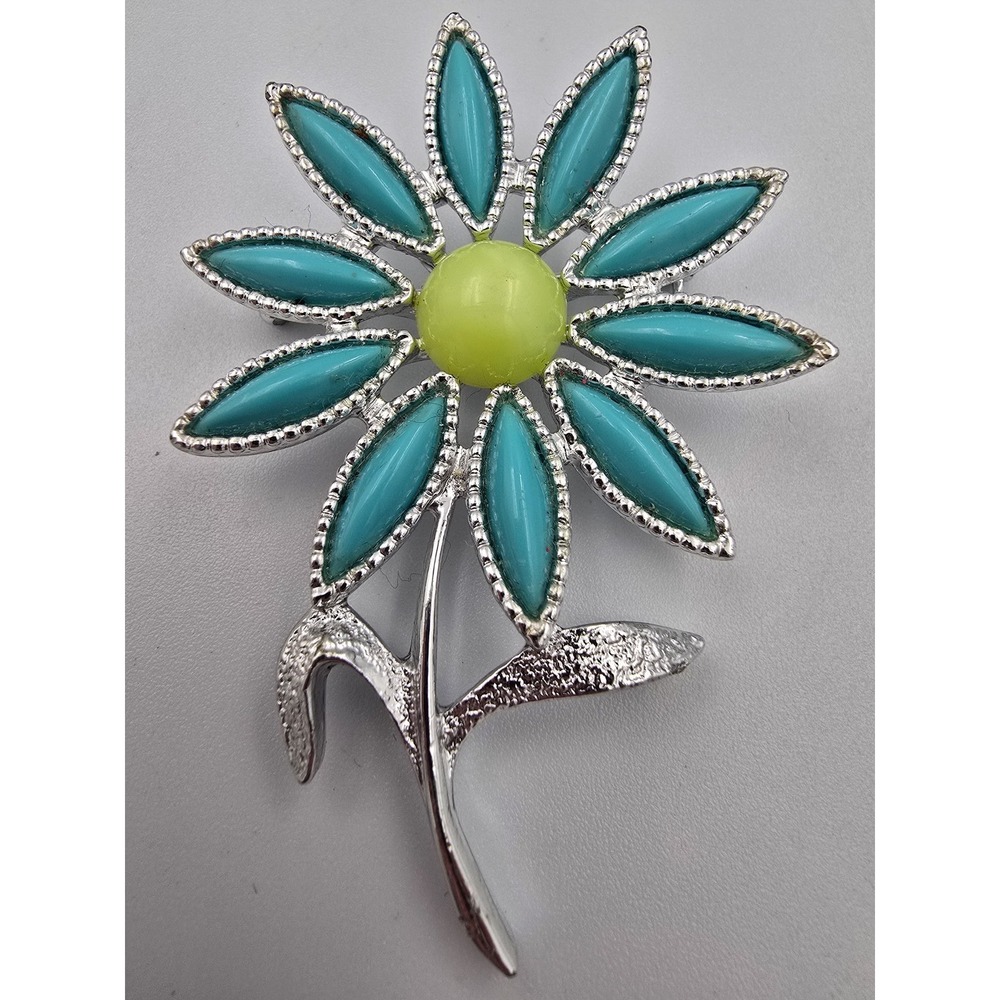 Vintage Sarah Coventry Enamel Flower Brooch Pin Turquoise Lime Green Silver Tone
